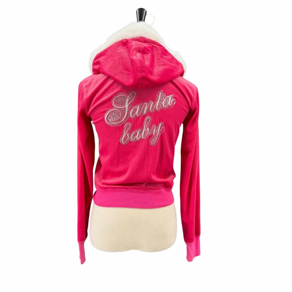 Victoria’s Secret Santa Baby Hot Pink Velour Fur Hood Y2K Bling Christmas Jacket